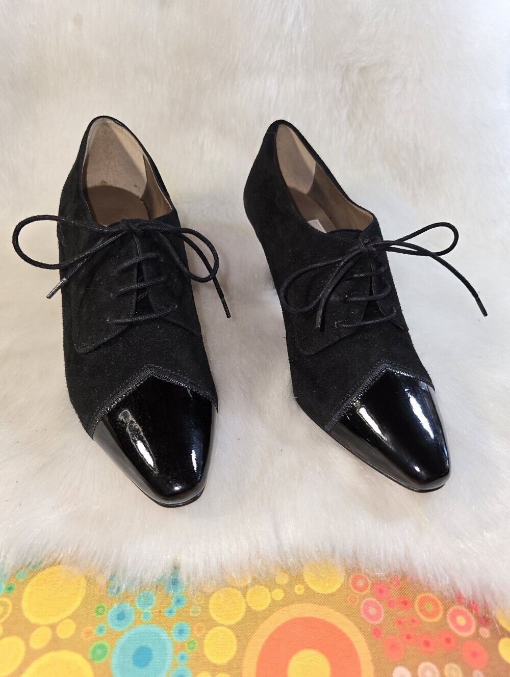 Bandolini "Gershwin" Classic Black Suede & Patent Leather Lace-Up Heels